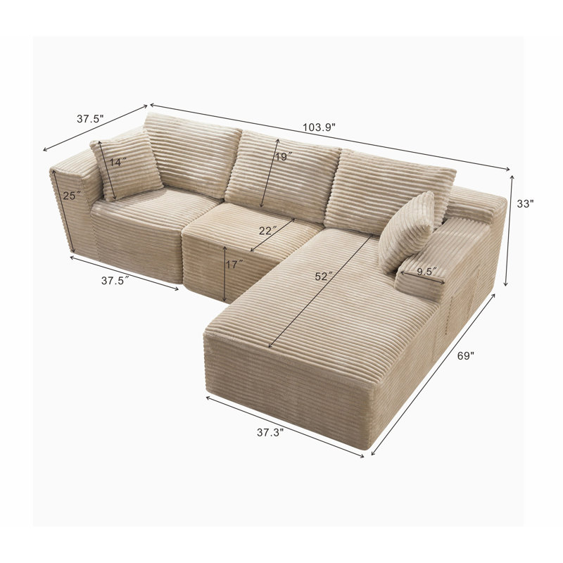Canapé d'angle modulaire Cloud de 264 cm avec méridienne en L, Velours côtelé chameau