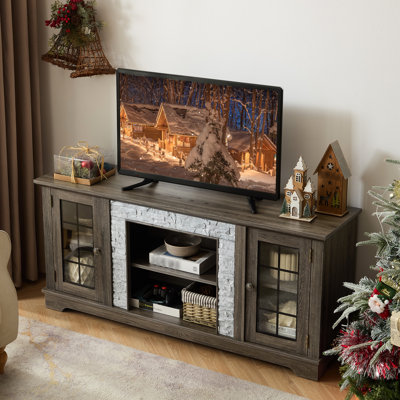 Meuble télé 58 po pour salon, gris, fausses pierres empilées, armoire à 2 portes, 6 trous pour câbles et 3 tablettes réglables
