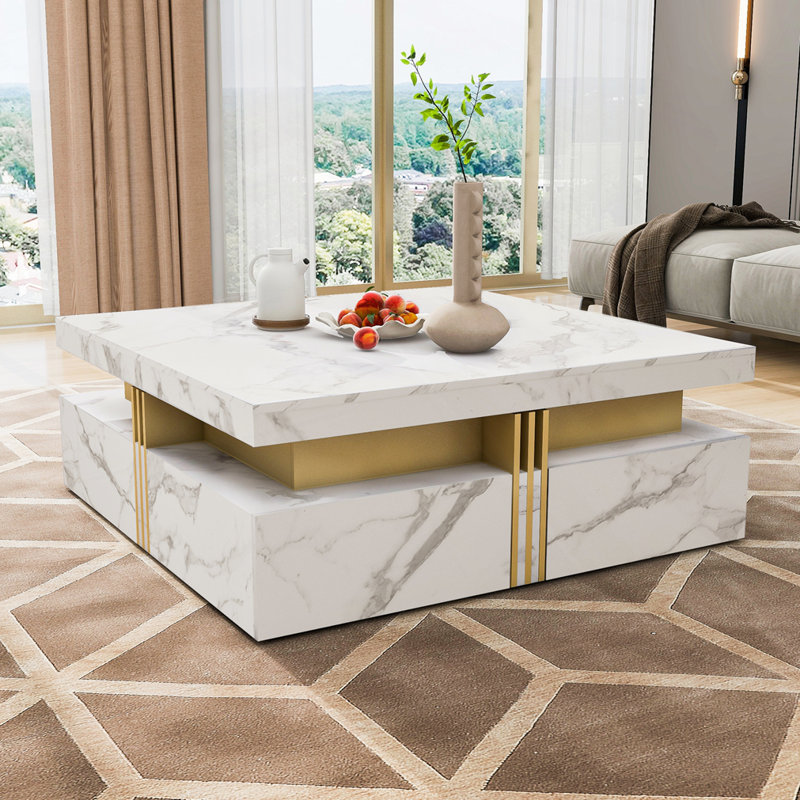 Table basse carrée avec rangement à 4 tiroirs, Blanc