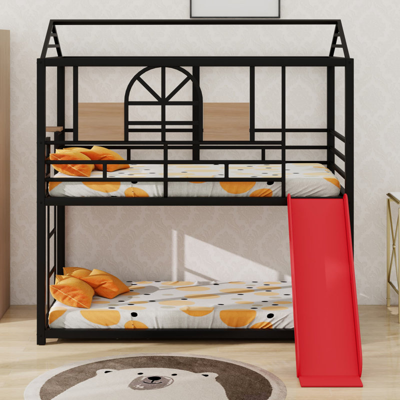 Metal House Bunk Bed With Slide, Black/Red