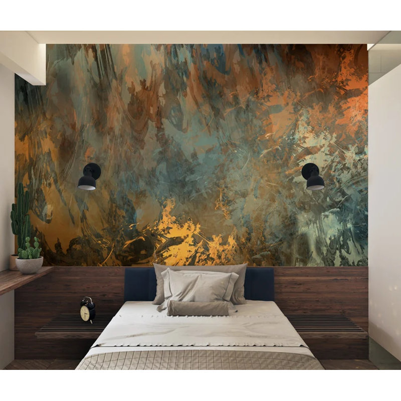 Murale abstraite bleu sarcelle et rouille, L 108 po x l 96 po