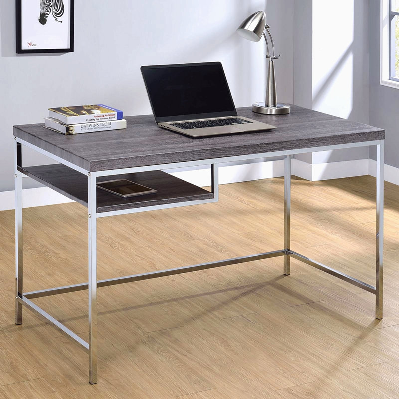 Bureau d'écriture rectangulaire gris et chrome patiné