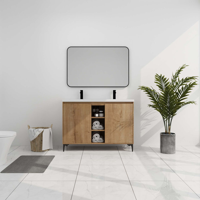 Meuble-lavabo autoportant 48 po avec lavabo double, charnière de porte à fermeture douce
