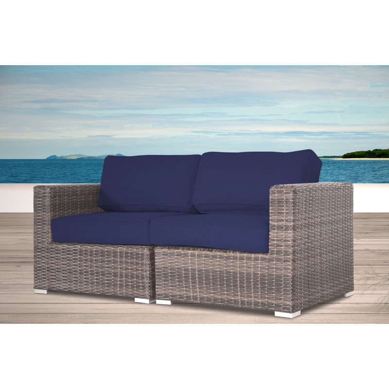 Arreola Fully Assembled 66" Wide Outdoor Wicker Loveseat with Cushions, Brown, Sunbrella Navy Blue