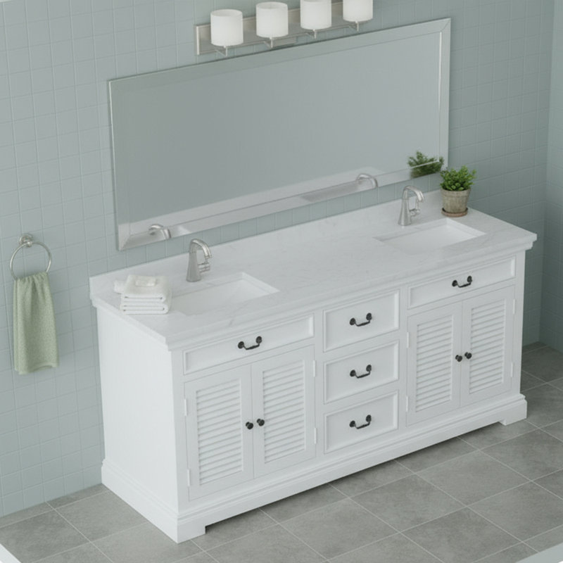 Meuble-lavabo double 72 po à quatre portes avec finition blanche et plateau en marbre blanc, 72"
