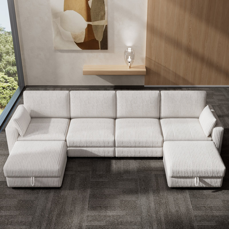 Canapé modulaire extra large à 6 places avec revêtement en velours côtelé luxueux, canapé modulaire surdimensionné en U et en L convertible surdimensionné avec repose-pieds à assise profonde, assemblage sans outil