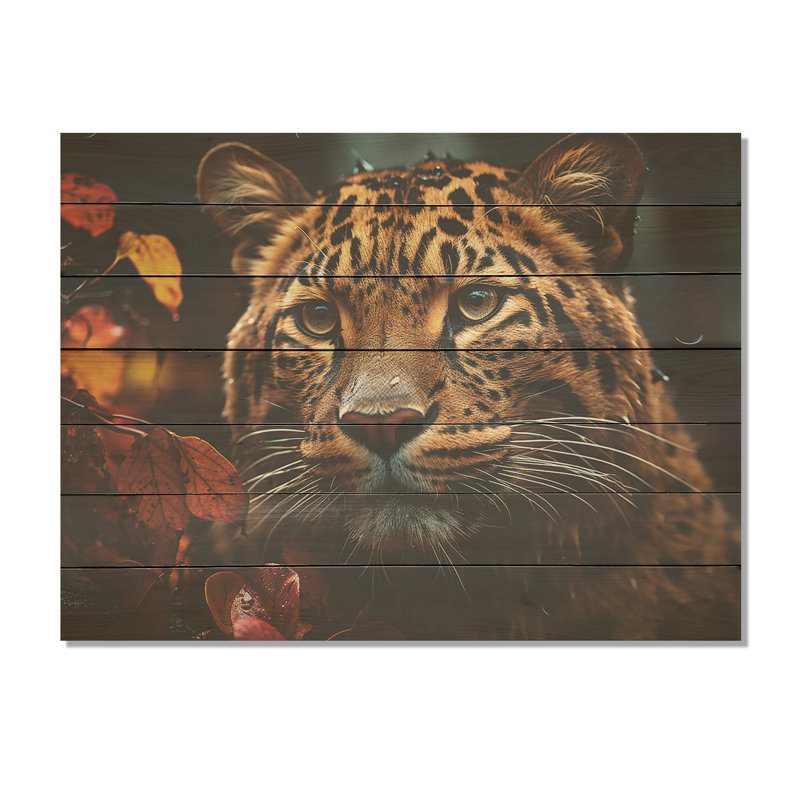 Photo de léopard en automne II - léopard / guépard sur bois, H 30 po x l 40 po
