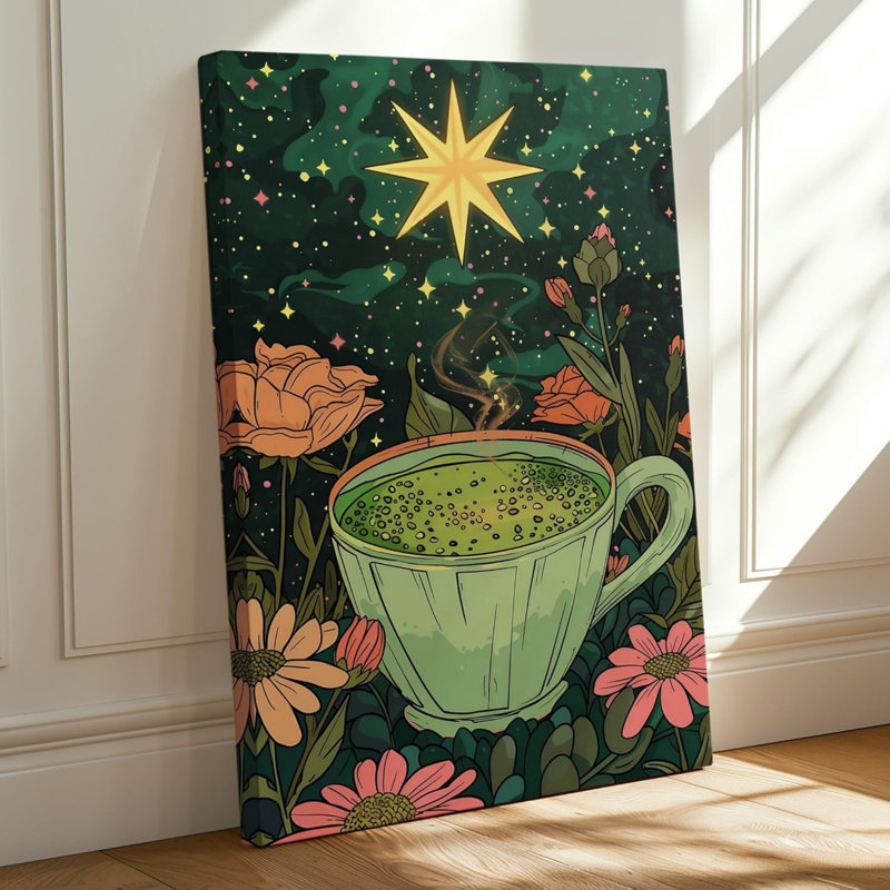 Art mural sur toile en forme de tasse de thé vert étoilé 18 x 12 pouces