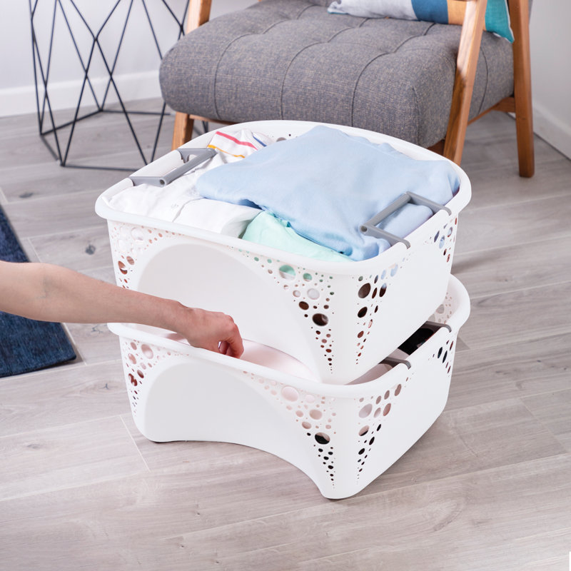 Plastic Laundry Basket with Handles, White