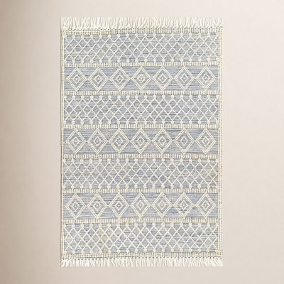 Beige Light Blue Hand-Woven Geometric Rug