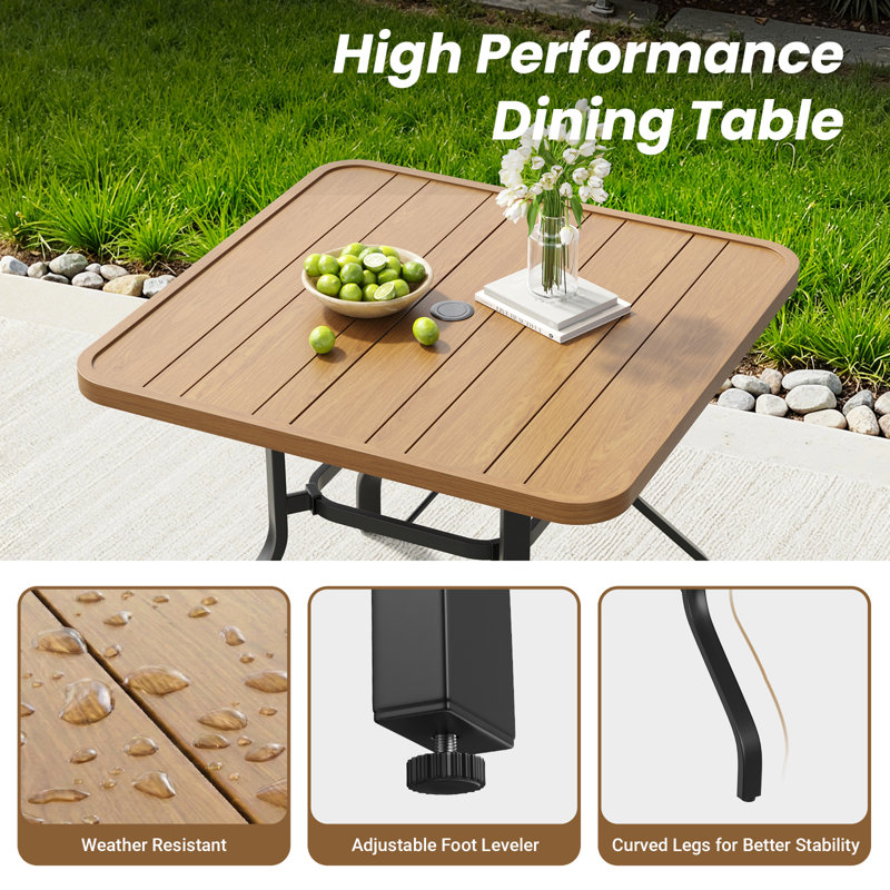 Table de salle à manger d'extérieur avec trou pour parasol de 1,57 pouce, texture semblable au bois, structure en métal toutes saisons