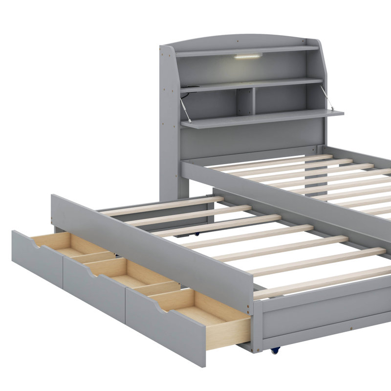 Lit plateforme en bois avec lit gigogne et tiroirs à DEL, Gris, Lit simple