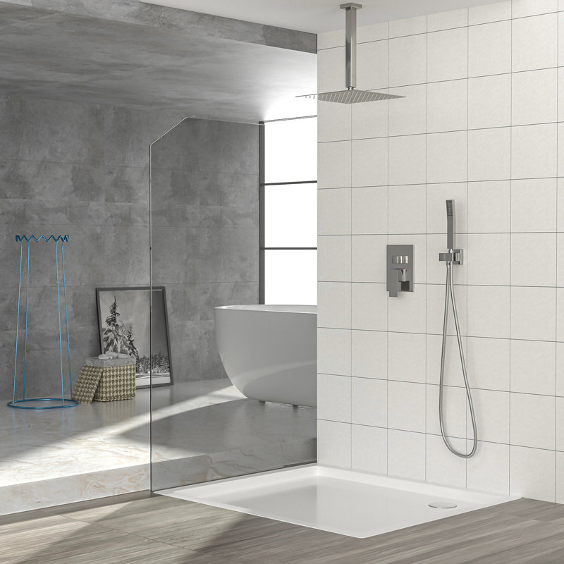 Ceiling Mounted Complete Shower System with Rough-in Valve with 12 Inches Rain Shower Head, Brushed Nickel
