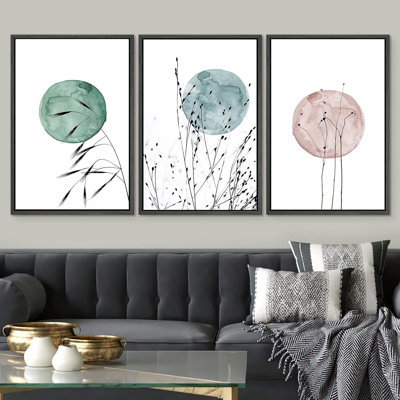 Aquarelle, vert, sarcelle, rose, blé, botanique et lune, encadrée sur toile, 3 pièces, reproduction d'art sur toile