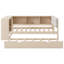 Lit en bois peu encombrant avec rangement, tête de lit tapissier crème, design moderne