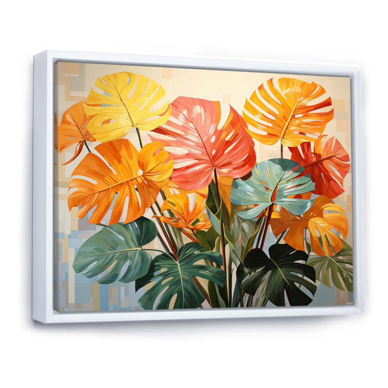 «Orange Green Tropical Plants I» sur toile, H 34 po x l 44 po x P 1,5 po, Cadre flottant blanc