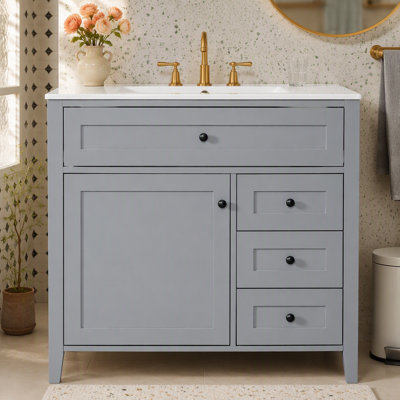Meuble-lavabo de 36 po avec lavabo, panneau de fibres à densité moyenne moderne et bois d'hévéa avec 3 tiroirs et tablette réglable, meuble-lavabo autoportant pour le rangement et l'organisation de la salle de bain (porte de gauche)