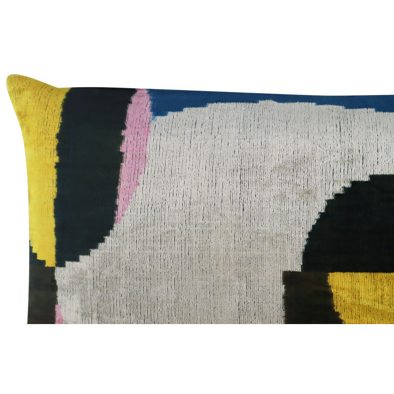 Velvet Lumbar Pillow Cover & Insert, Blue/Gray/Yellow Geometric 1