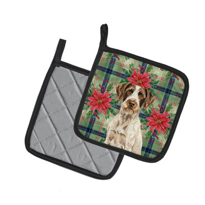 Caroline's Treasures Liver And White German Wirehaired Pointer Christmas Poinsettas Pair Of Pot Holders In Multicolor