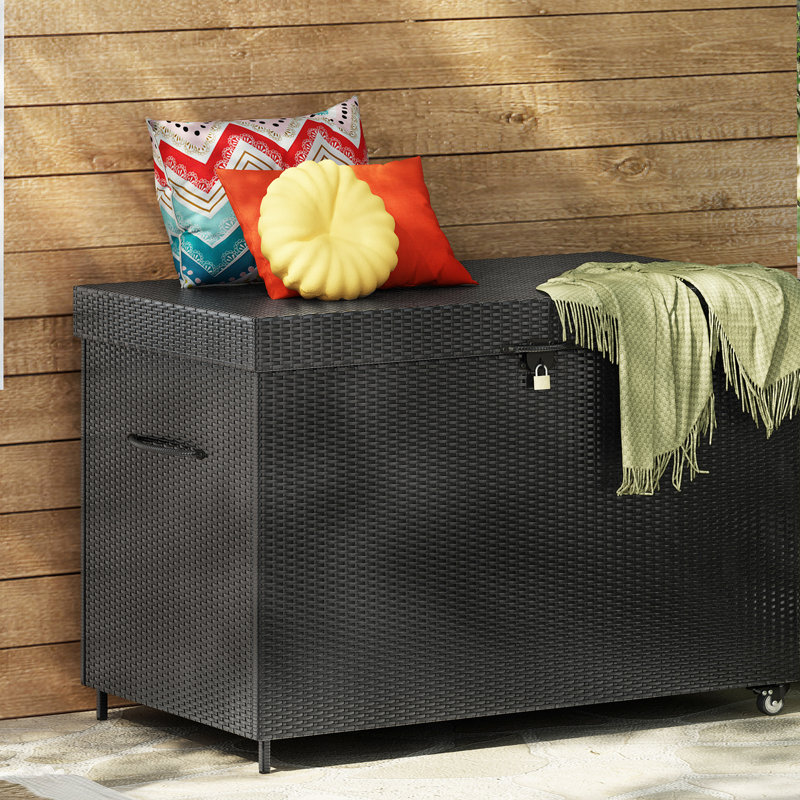 Coffre de terrasse en rotin PP avec gallon verrouillable Cayson, Noir, noir, noir, noir
