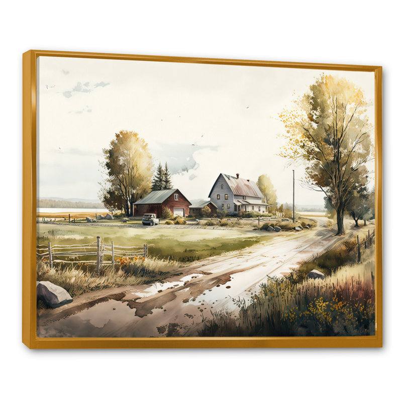 Path to the Barn II - ferme / campagne, art mural sur toile, H 24 po x l 32 po x P 1 po, Cadre flottant doré