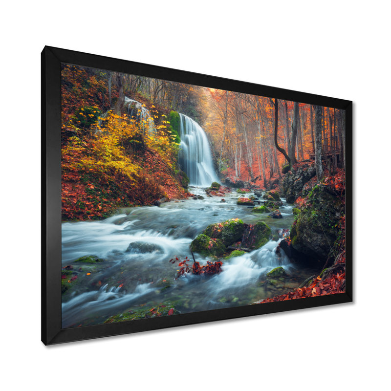 Autumn Mountain Waterfall Long View - Reproduction de photo sur toile tendue, H 16 po x l 32 po, Impression encadrée, Noir