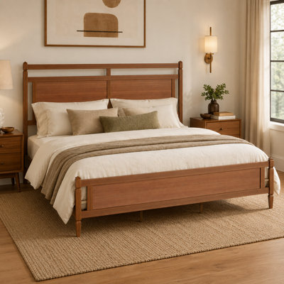 King Size Mid-Century Wooden Platform Bed with Open Panel Headboard, Walnut