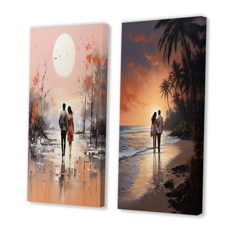 «Couple marchant sur la plage» 2 pièces, Toile tendue, H 20 po x l 24 po