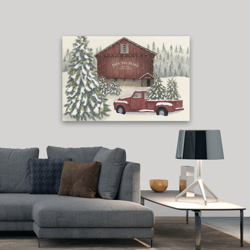 Pine Tree Farms - Art contemporain de neige grange rouge, H 48 po x l 32 po