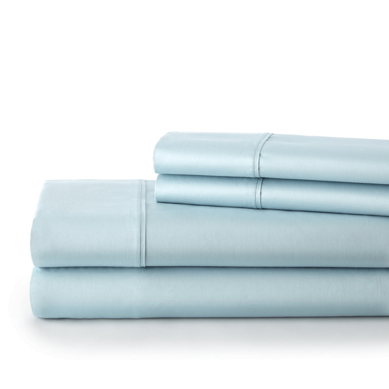 Ensemble de draps en coton 500 fils, Ensemble de draps pour grand lit + drap-housse + 2, Bleu pâle