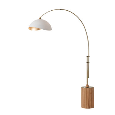 Lampe à arc 92 po Tambo Luna - Laiton vieilli, base en bois de frêne naturel, feuille d'acier blanc mat / doré, à intensité variable, ampoule incluse
