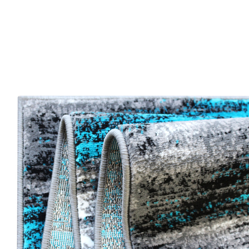 Guelph Turquoise and Gray Abstract Style Scraped Pattern Accent Area Rug, Runner 2' x 7'