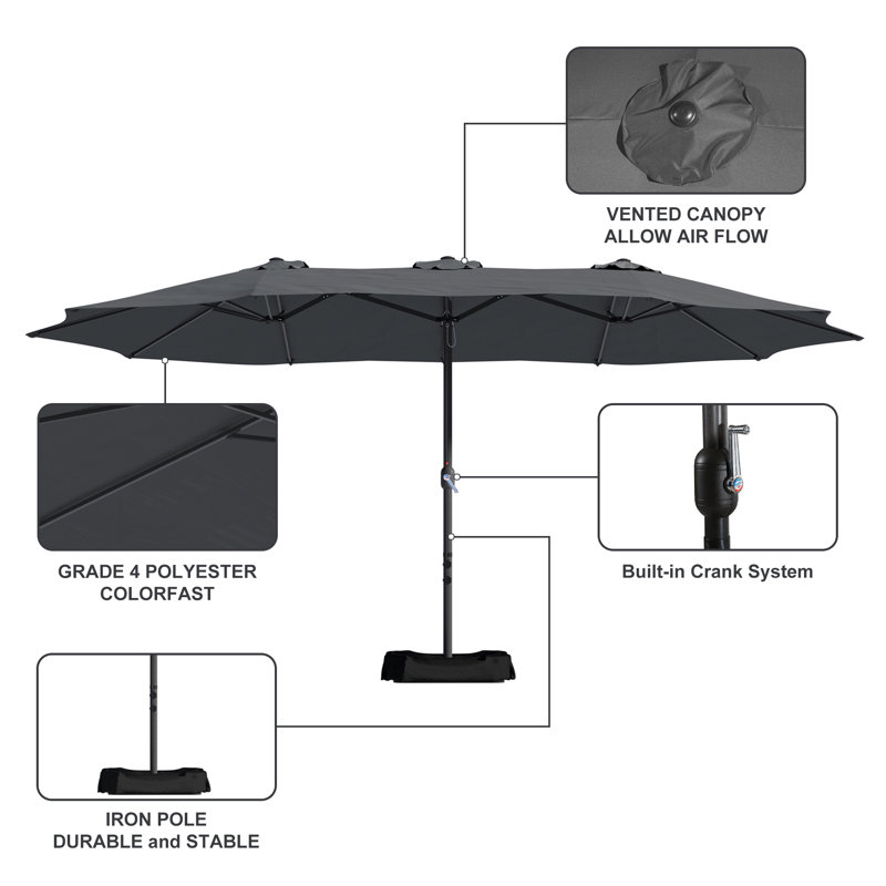 15 Ft Dark Gray Steel Market Patio Umbrella with Base