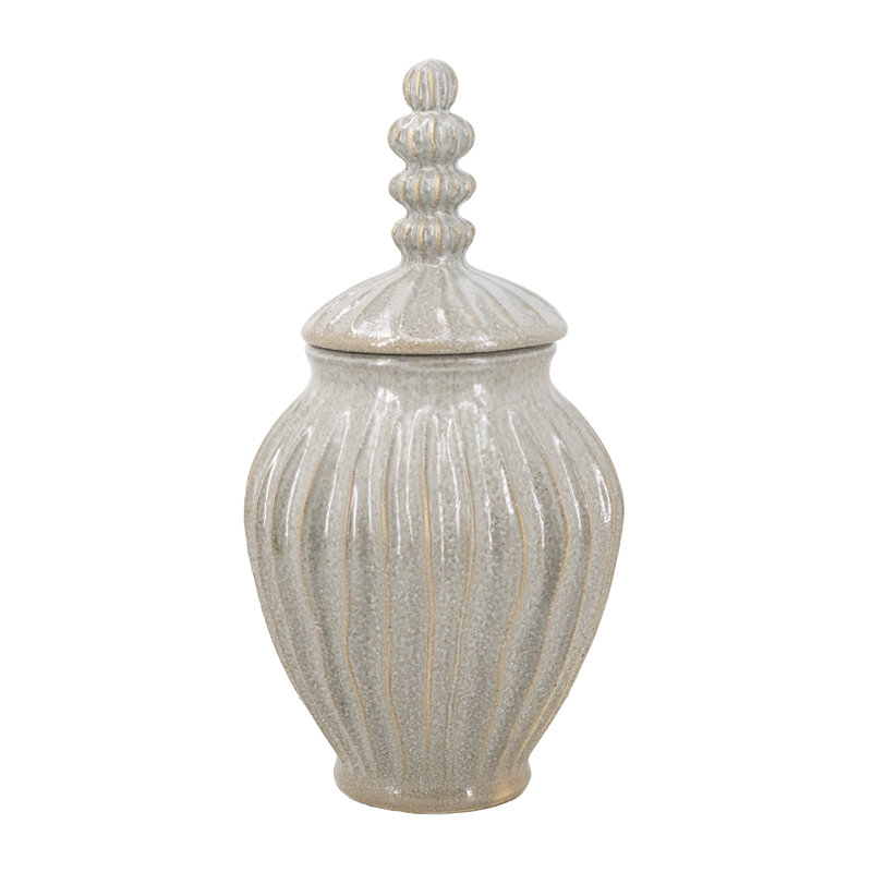 Elegant White Ceramic Jar with Textured Motif and Spherical Finial Lid
