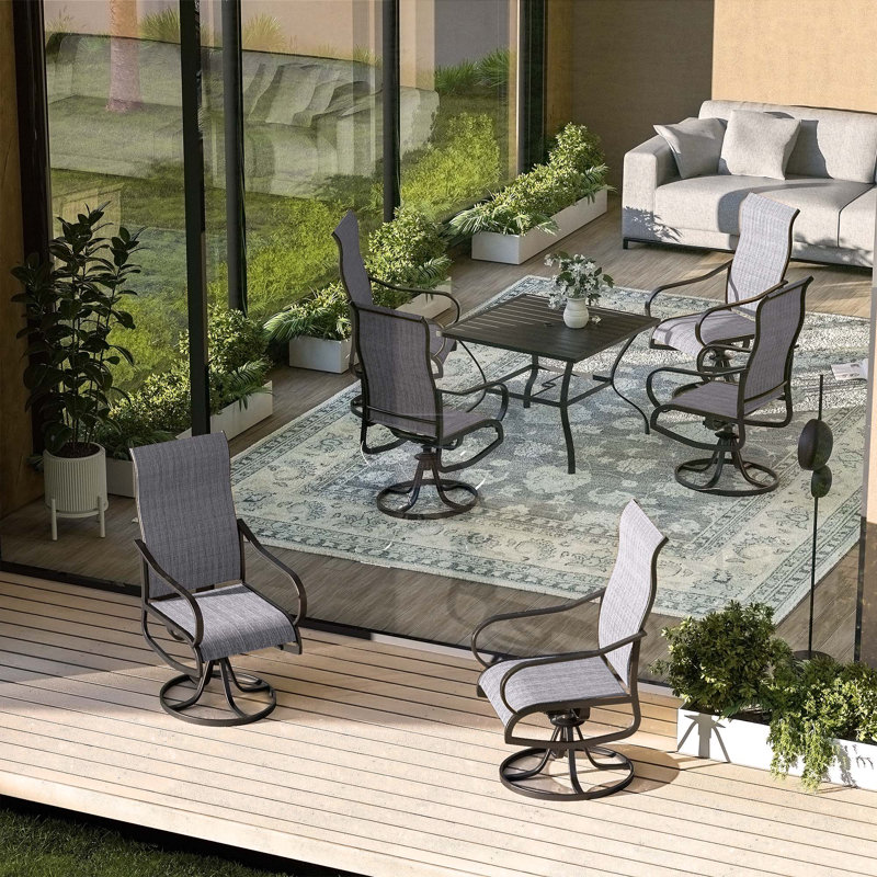 Chaise pivotante d'extérieur 6 pièces avec 1 table en métal, Gris foncé