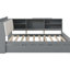 Structure de lit double en bois gris avec lit gigogne, plateau de rangement rotatif et tête rembourrée avec tablettes