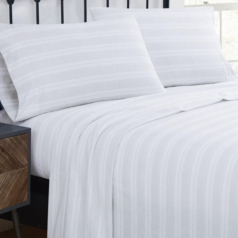 Traditional Cozy 100% Cotton Flannel Sheet Set, Queen Sheet Set + Fitted Sheet + 2 Pillowcases, Gray Striped