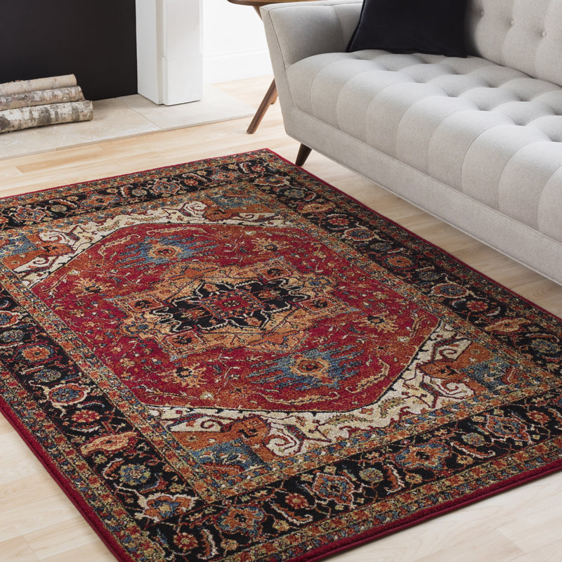 Bratton Machine Woven Oriental Red/Black Area Rug, Rectangle 9'3" x 12'6"