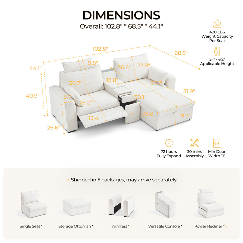 Canapé inclinable électrique à 3 places en chenille avec repose-tête et canapé-lit modulaire surdimensionné avec repose-pieds