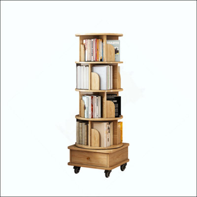 Bibliothèque rotative à 5 niveaux, bibliothèque rotative à 360 ° avec roulettes, peu encombrante, petite bibliothèque rotative pour chambre à coucher, salon, maison, bureau