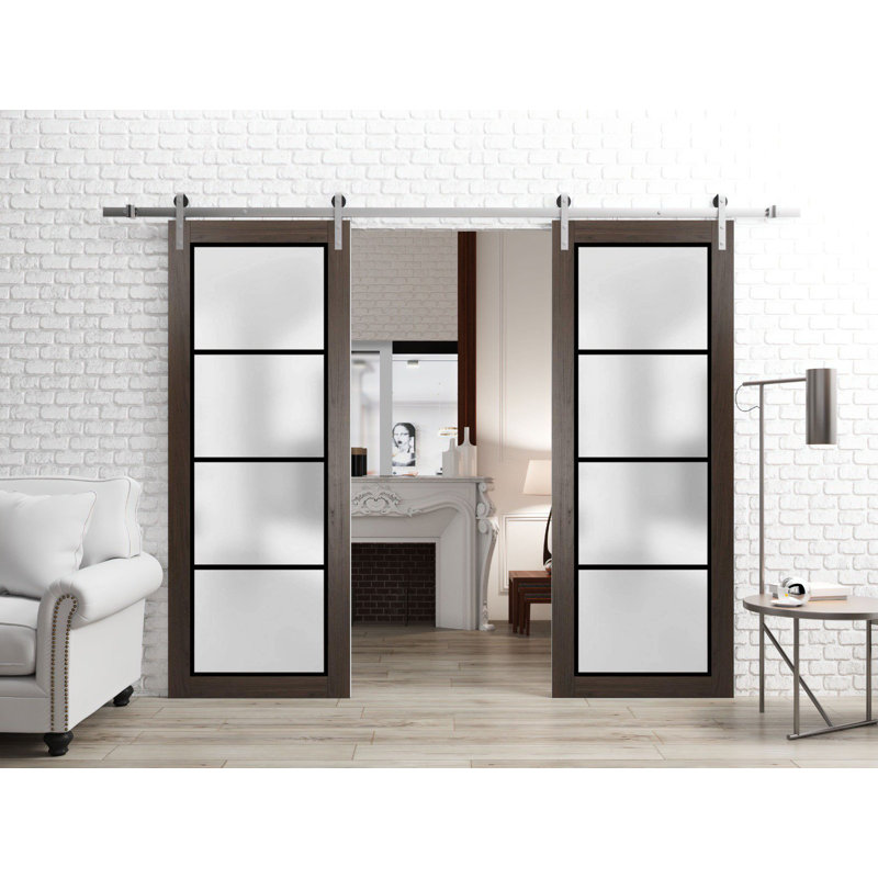 Porte de grange double robuste avec verre dépoli Planum 2132 Noir mat, rail argenté de 4 m (13 pi), portes intérieures modernes à panneaux pleins - 142 cm x 203 cm (56 po x 80 po) (2 x 71 cm x 203 cm) - Rail argenté
