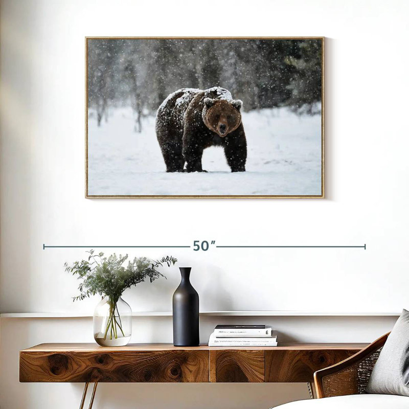 Ours grizzly d'hiver, Cadre flottant en bois naturel, 37 po x 25 po