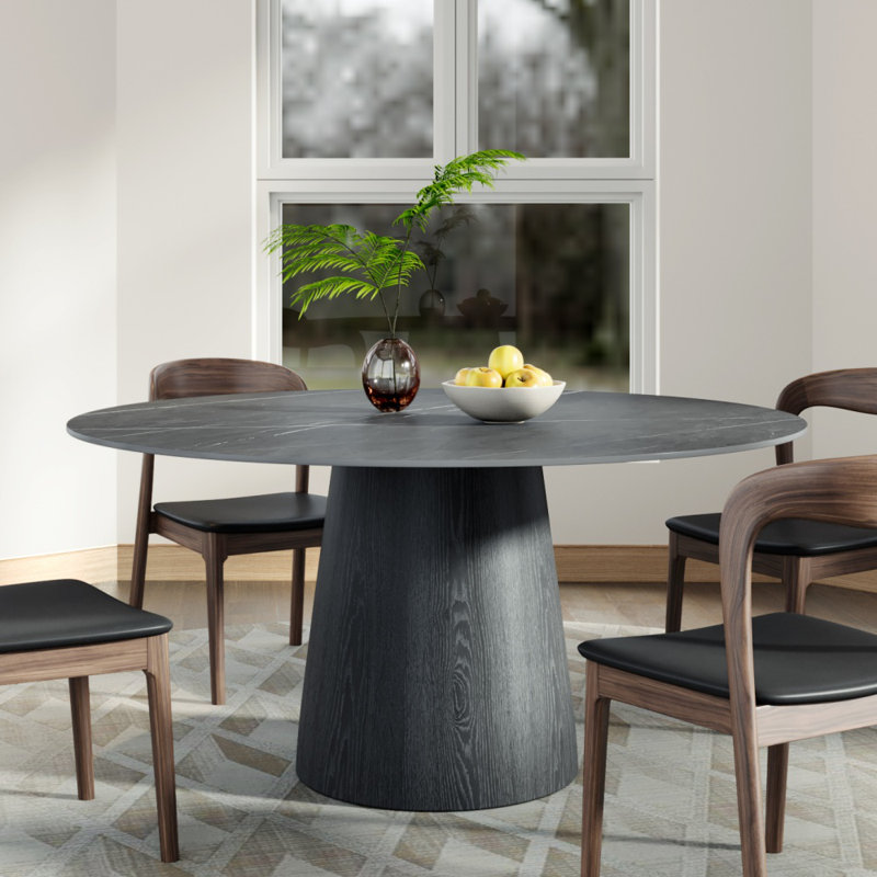 Table de salle à manger moderne en pierre frittée 59 po avec piédestal noir 59 po, H 29,52 po x L 59,06 po x l 59,06 po