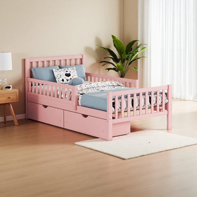 Twin Size Wood Platform Bed With Guardrails On Both Sides And Two Storage Drawers