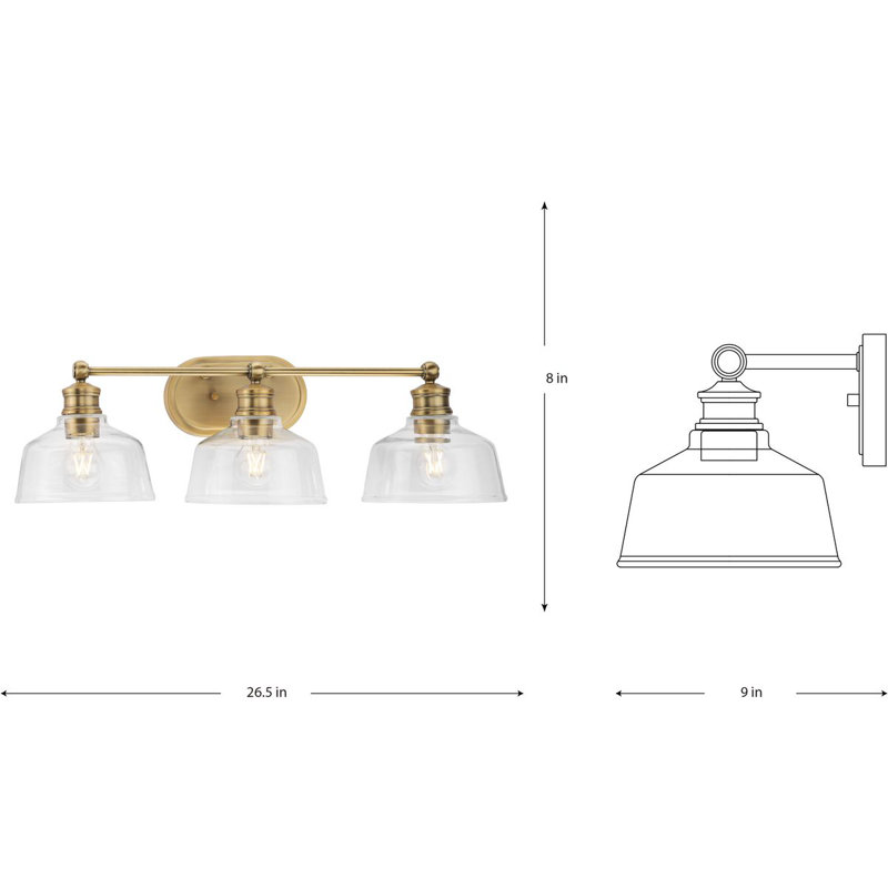 Vintage Brass 3-Light Vanity Fixture with Clear Glass Shades