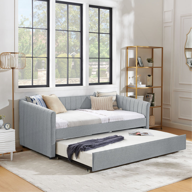 Twin Size Daybed With Trundle Upholstered Sofa Bed, With Vertical Stripes, Linen Fabric (82.5"X43"X30")