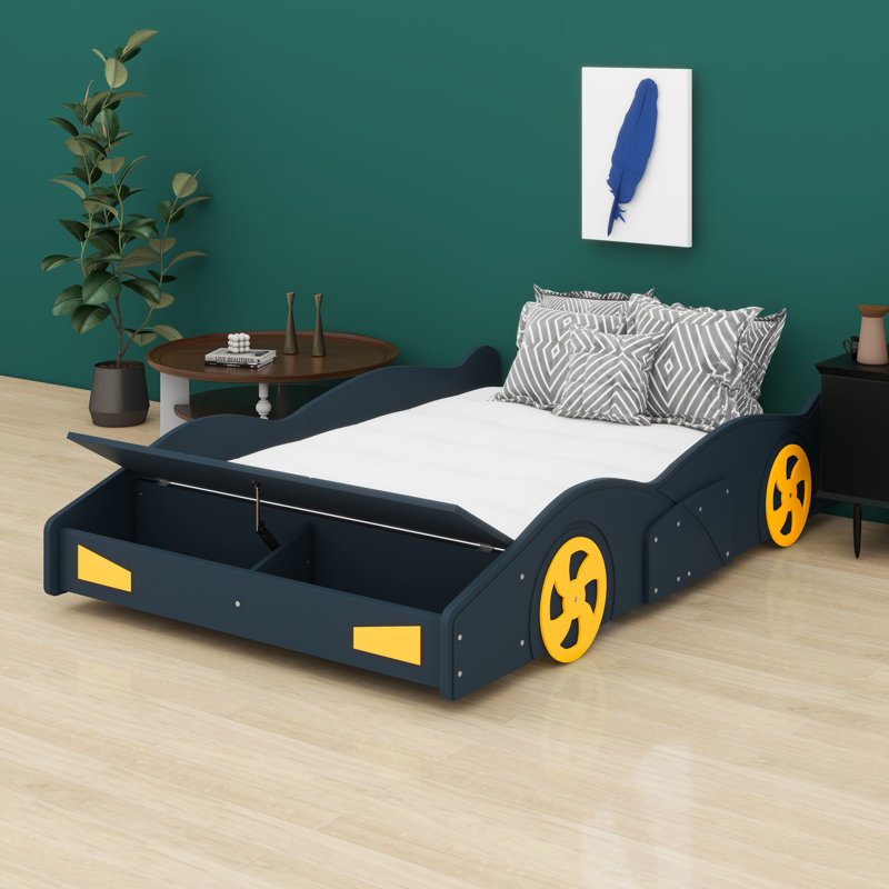 Base de lit plateforme avec roulettes et rangement intégré, Bleu foncé et jaune