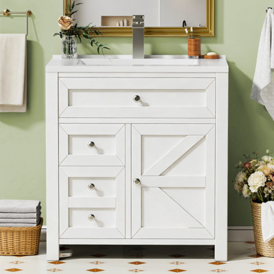 30'' Farmhouse Bathroom Vanity with Sink, Wood Stand Cabinet with Drawers, Multi-Functional Storage