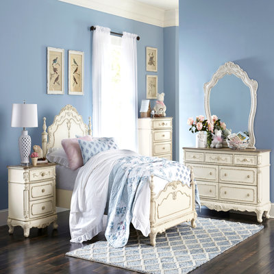 Victorian Style 3-Drawer Carved Nightstand - Antique White and Oak