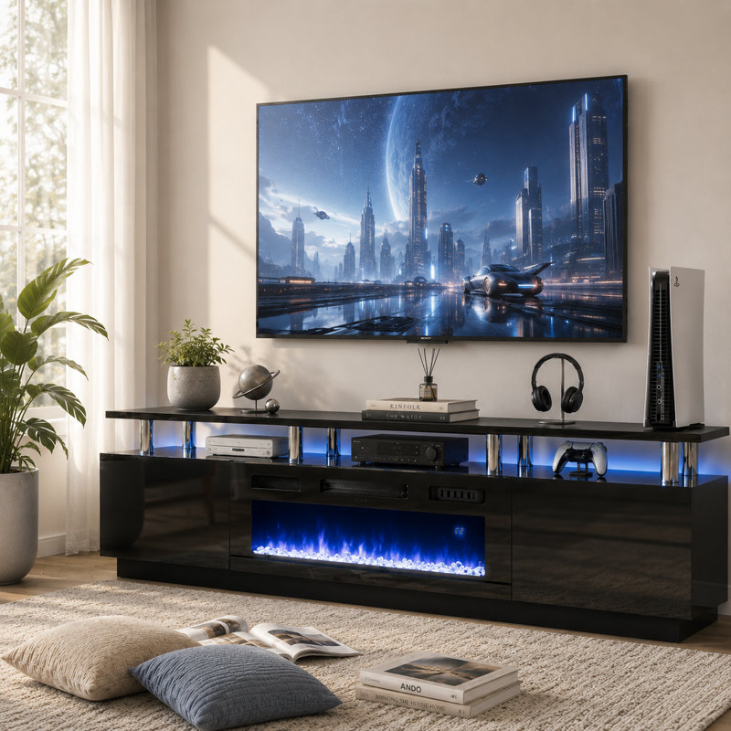 Meuble télé l 80 po avec foyer électrique et lumières DEL Keyle , 23.6” H x 80” L x 13.8” W, Noir